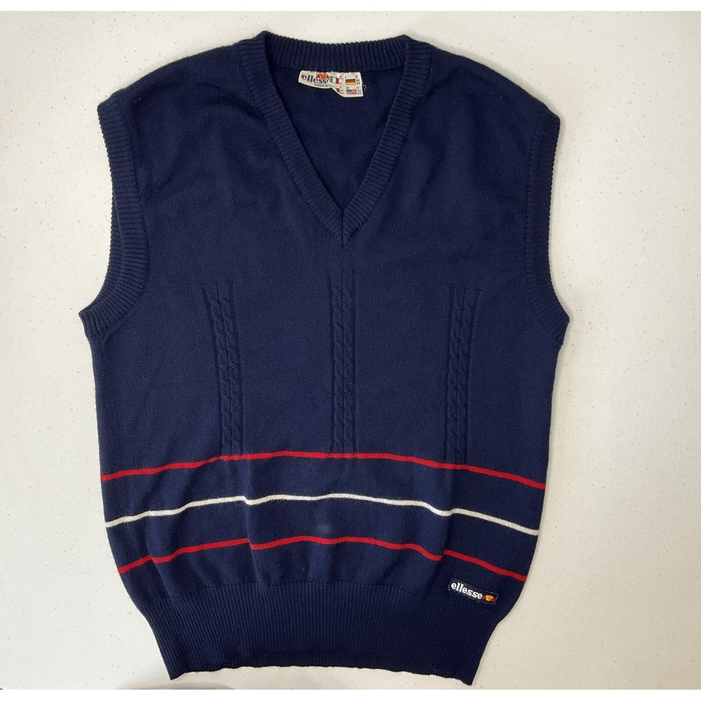 Vintage Ellesse Vest Sz 36 Sweater 80s Wool Pullover V-Neck Tennis Golf Italy